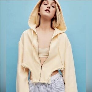 Zara Cropped Jean jacket pale light butter yellow asymmetrical zip flare hooded